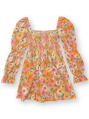 Gianni Bini Floral Smocked Long Sleeve Mini Dress Size Small 100% Cotton